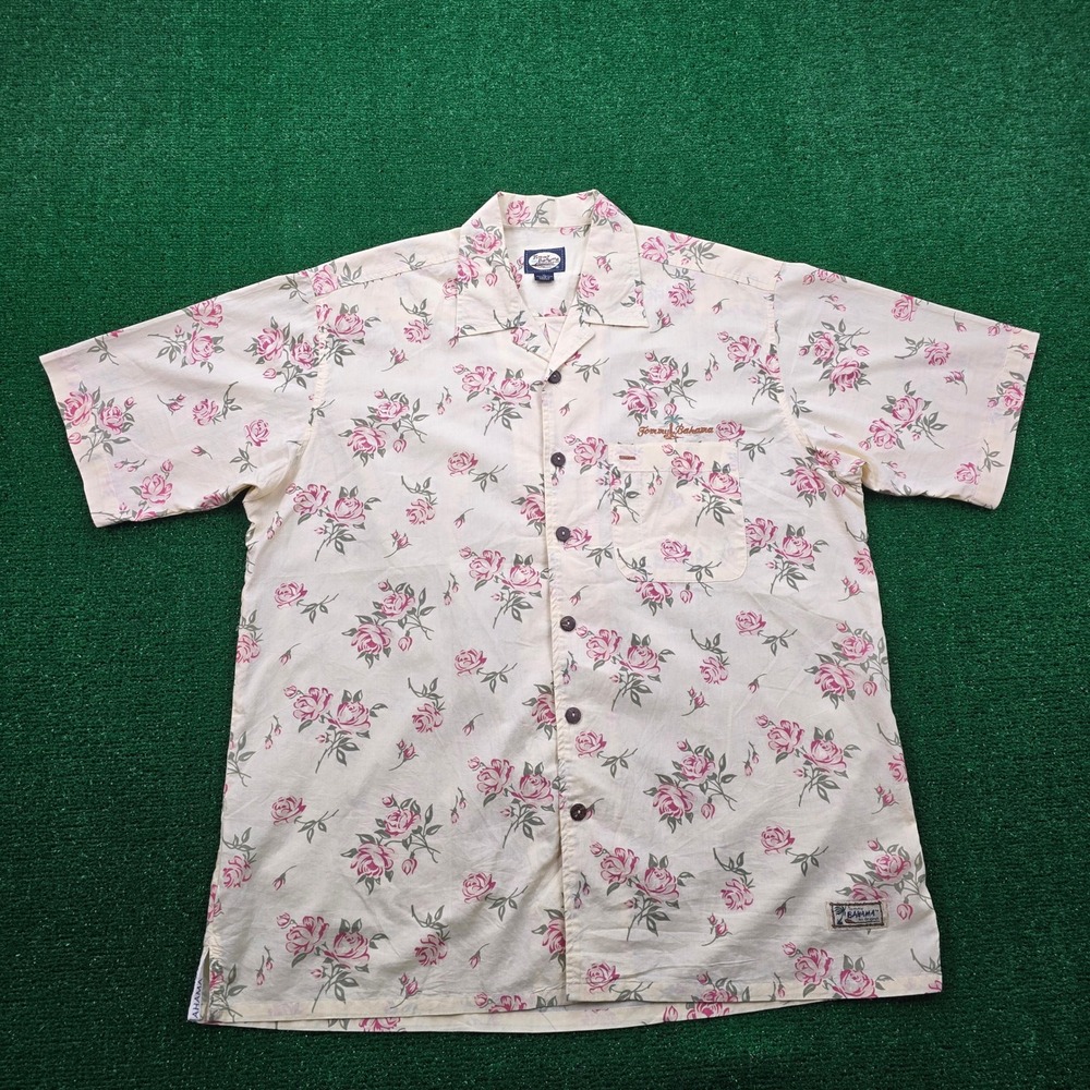 Tommy Bahama Shirt Mens XL Light Yellow Floral Rose Vintage Hawaiian Beach Camp